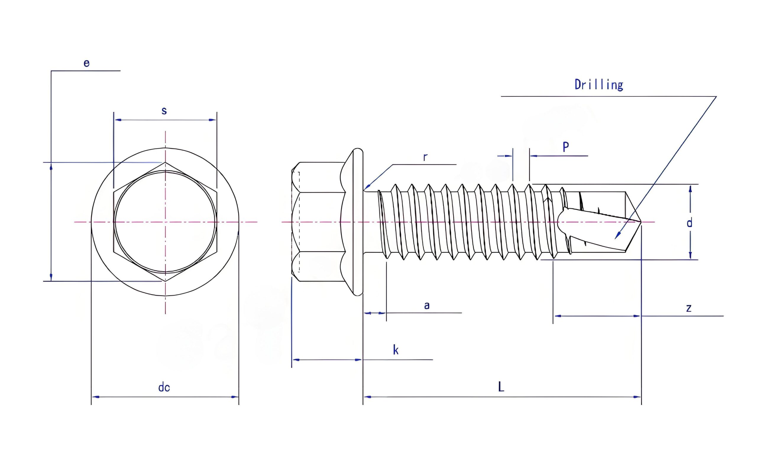 Desenho técnico de um parafuso autoperfurante de cabeça de flange sextavada amarela com dimensões rotuladas: comprimento da rosca, diâmetro, tamanho da cabeça.