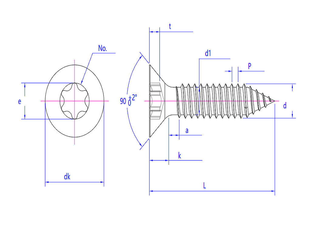 Stainless Steel Torx Drive Flat Head Self Tapping Screw diagram shows labeled specs: dk, e, k, t, d1, P, d, a, L & threading details.