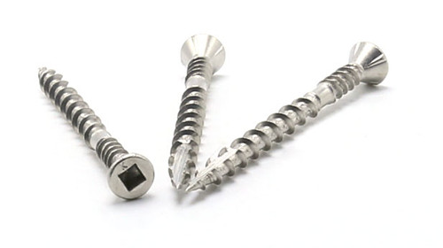 Three stainless steel screws with square drive heads on a plain white background.