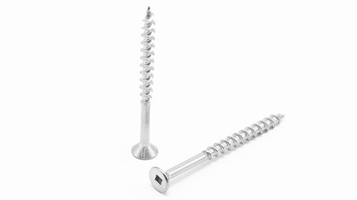 Two metal screws on a white background: one upright, one horizontal.