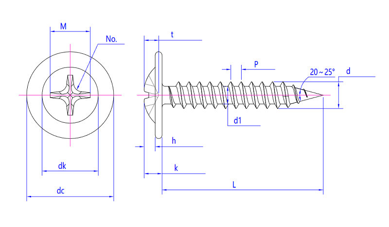 Technical drawing of a 5mm self-tapping screw with labeled dimensions: head diameter, length, and thread angle from top and side views.