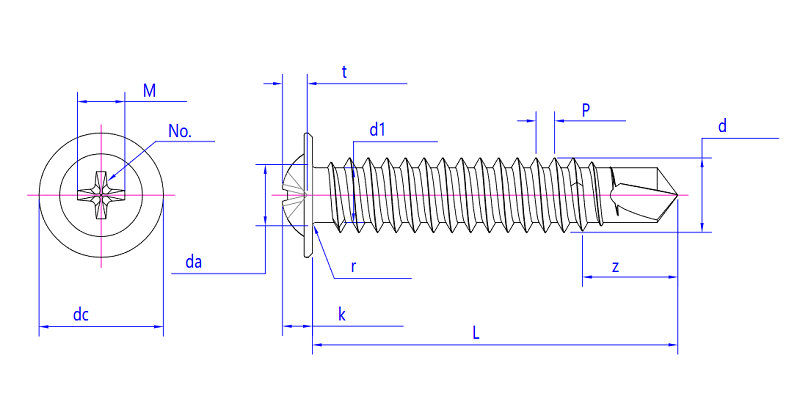 Diagrama de parafusos autoperfurantes Phillips com cabeça de wafer, com dimensões de cabeça, rosca e ponta identificadas.