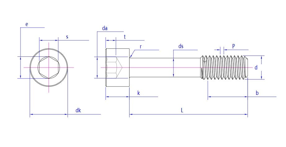 Technický výkres nerezového šroubu s válcovou hlavou s vyznačenými bočními/horními pohledy a klíčovými rozměry.