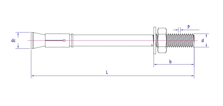 150mm Concrete Wedge Bolt Anchor technical drawing: side view with labeled dimensions, nuts, and washer shown.