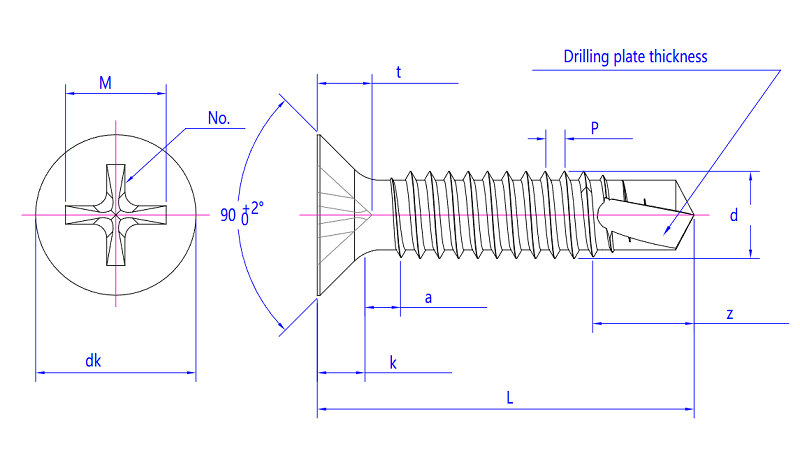 Diagrama de parafusos autoperfurantes Phillips Tek escareados com dimensões de cabeça, rosca e ponto de perfuração.