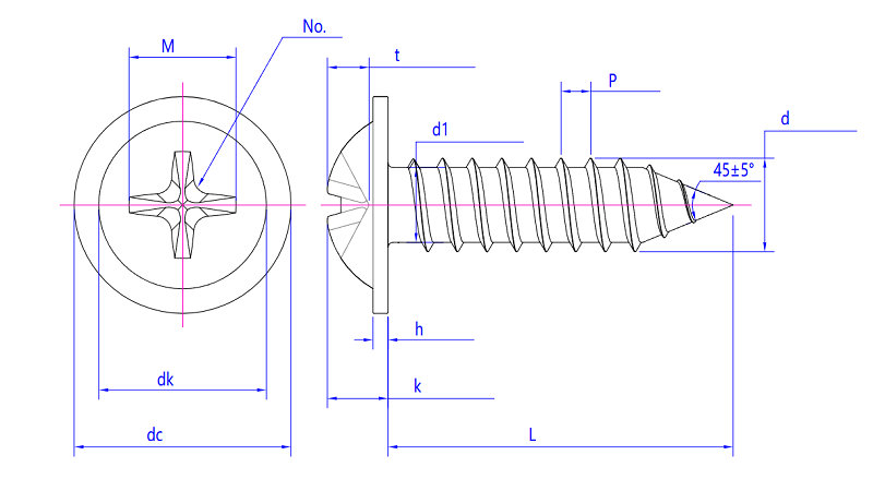 The technical drawing shows a Phillips Round Head M3 Self Tapping Screw for Plastic with Washer, illustrating dimensions and views.