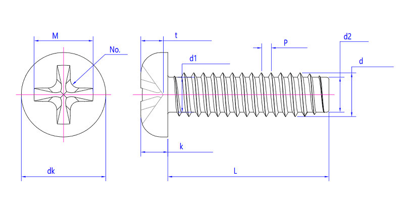 Technical diagram of Black Phillips Drive Pan Head 20mm Self Tapping Screws, showing length, thread size, and diameter.