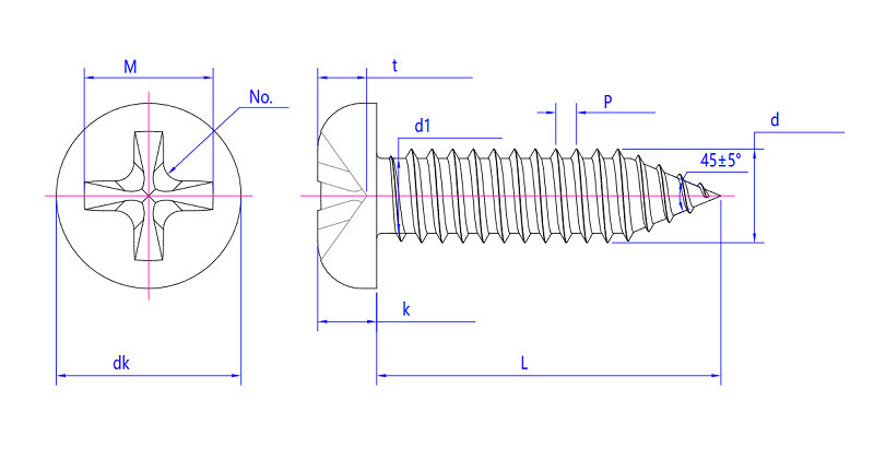 Technical drawing of Phillips Pan Head Self Tapping Screws showing dimensions, thread details, and labeled cross-section view.