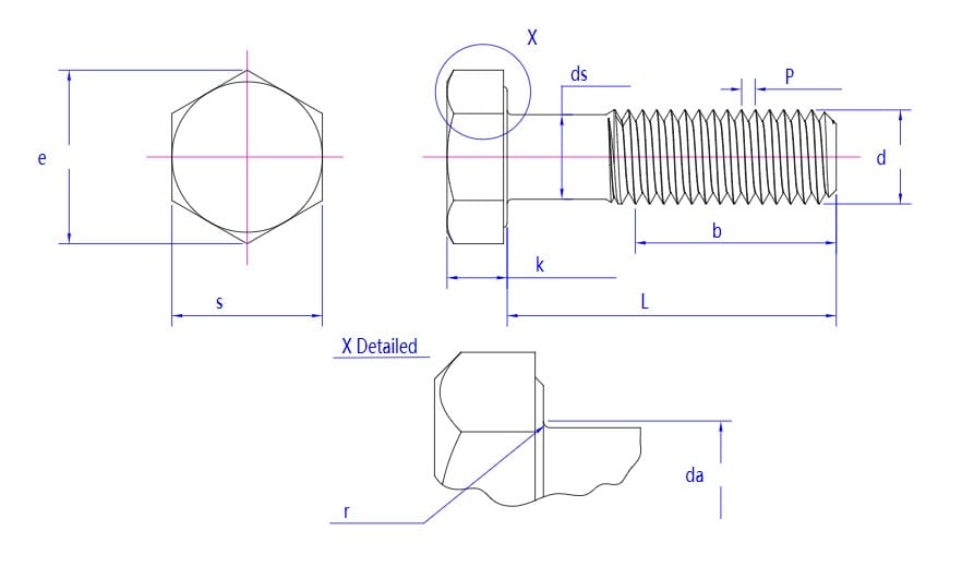Üst, yan, kesit görünümleri ve anahtar boyutları etiketli Siyah Ağır Altıgen Başlı Cıvatanın teknik çizimi.