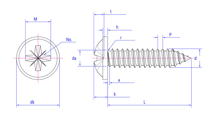 Schéma montrant les vues latérales et supérieures des vis à tête ronde autotaraudeuses avec dimensions.