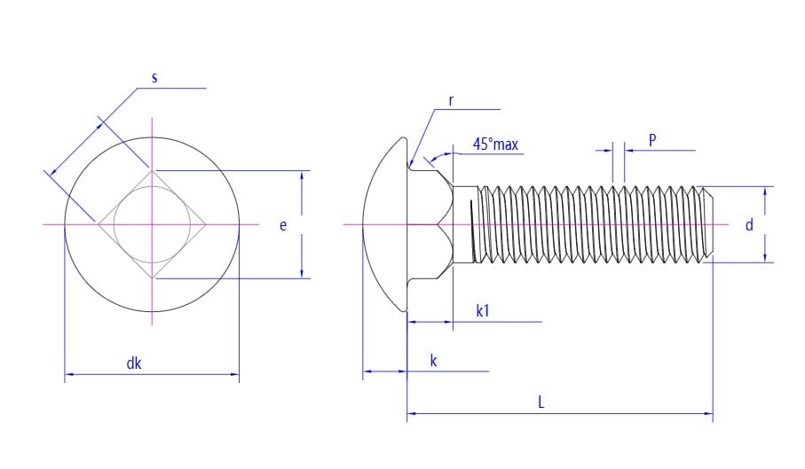Rysunek techniczny śruby podsadzkowej z łbem dużym DIN603, widoki z boku/góry z podaną szerokością łba, długością gwintu i średnicą.