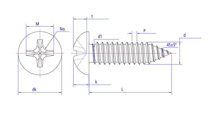 Schéma samořezného šroubu Phillips M4 Pan Head s pohledy ze strany/shora s rozměry (L, dk, úhel) a označenými díly (d, k, P, M).