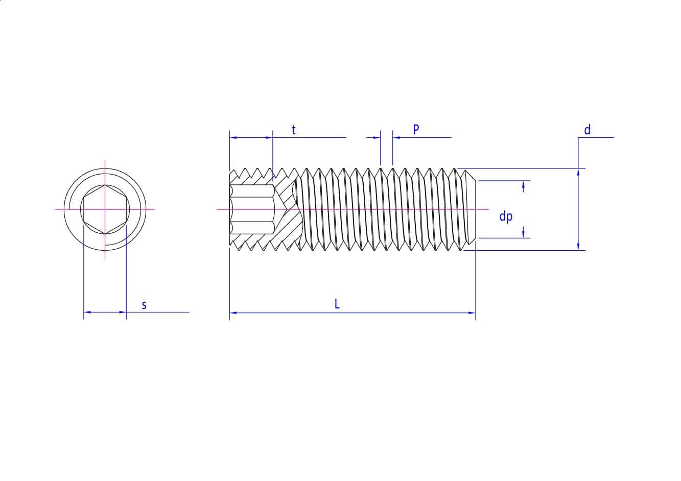 Desenho técnico de um parafuso de fixação de zinco azul e branco com sextavado interno, vistas lateral/superior e dimensões rotuladas.