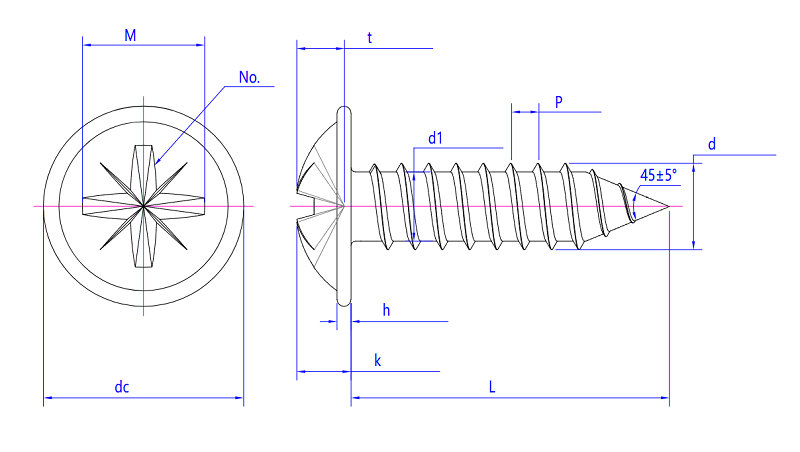 The Pozi Drive Wafer Head Screw diagram rigorously labels dimensions: dc, M, No., t, P, d1, d, h, k, L, with a 45±5° angle.