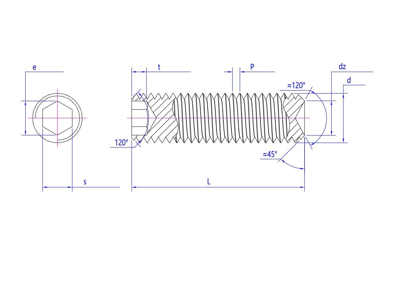 Desenul șurubului cu cap hexagonal încastrat, set metric DIN916: lungimea, diametrul, pasul filetului, dimensiunea hexagonului etichetate; vederi laterale/de sus.