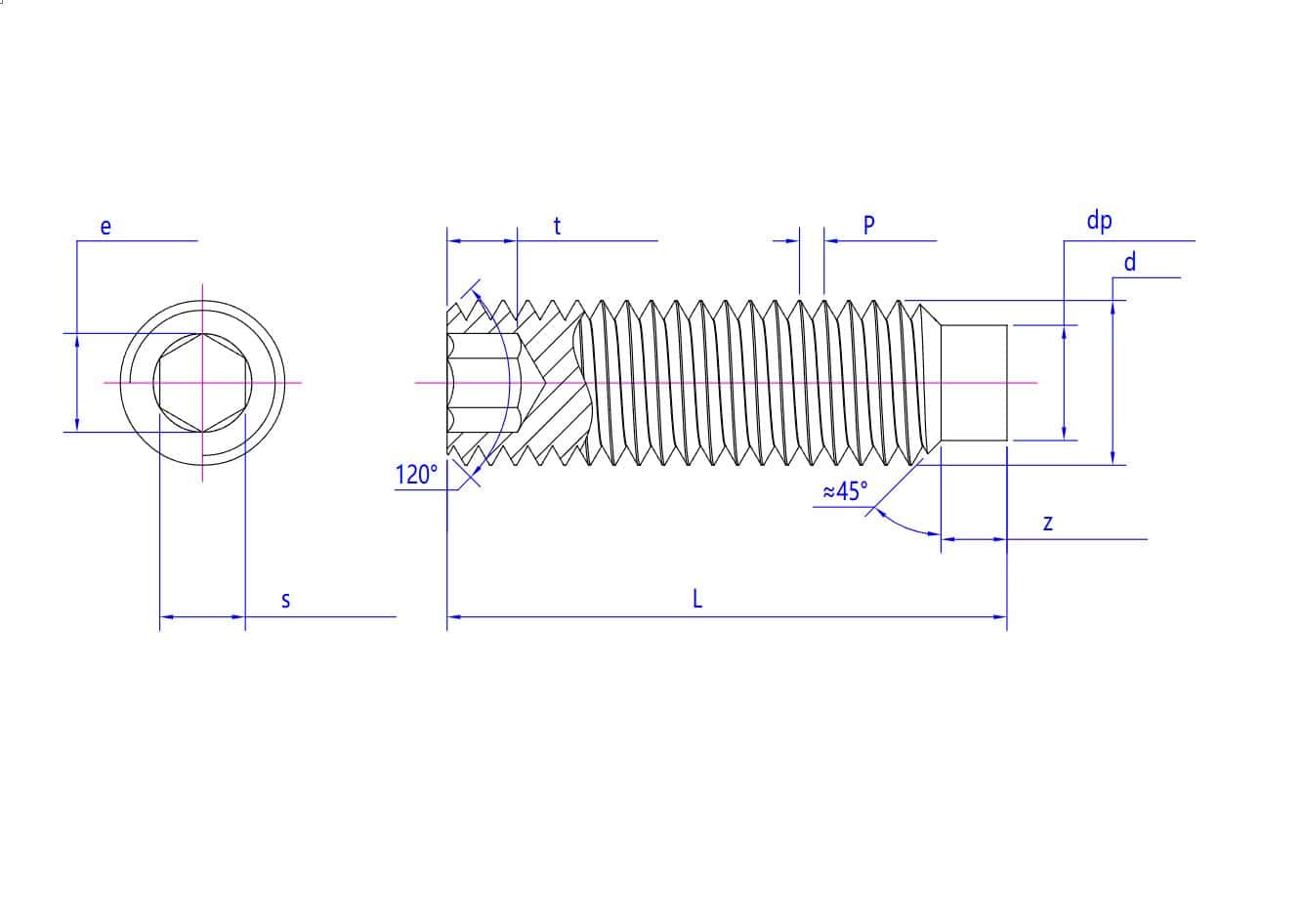 ドライブ キャップ チップ六角セット スクリュー: 正確な取り付けのために直径、ピッチ、長さ、六角ソケット、角度がラベル付けされています。