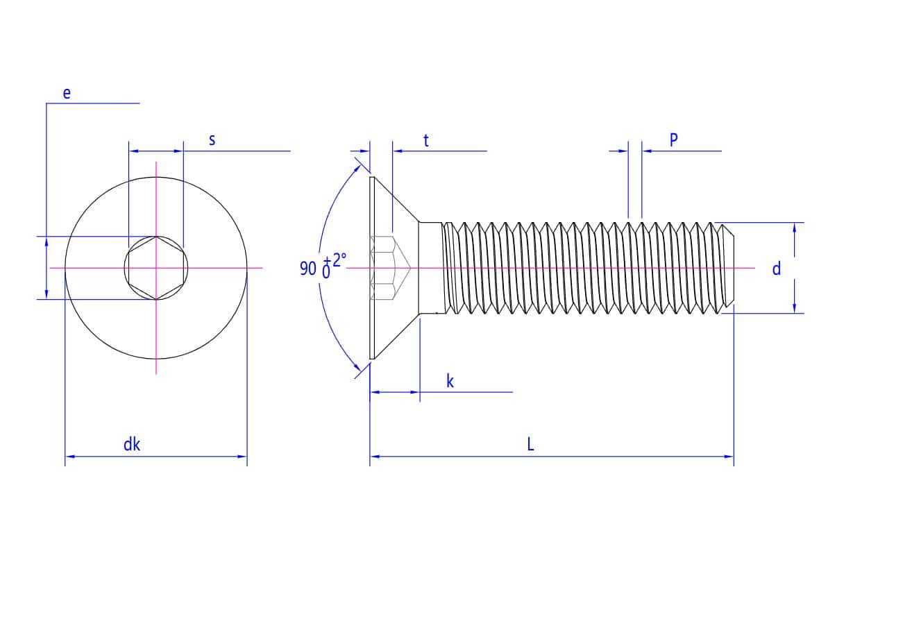 Dessin technique d'une vis à tête conique à entraînement hexagonal avec Nylok, étiquetée avec les dimensions clés.