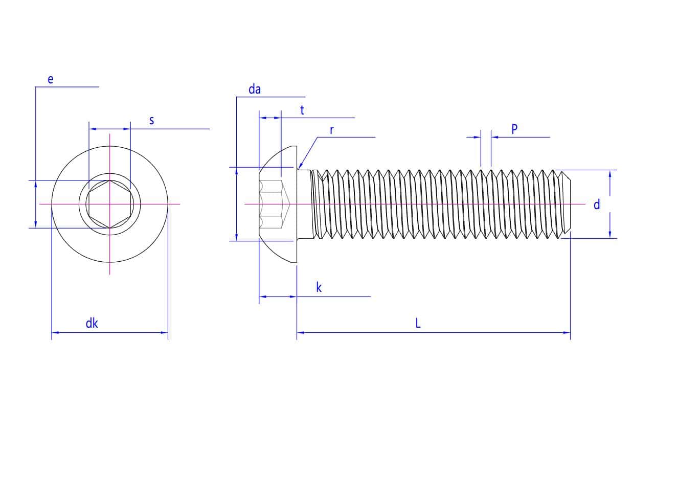 Hex Drive Pan Head Lock Low Profile Screw diagram with labeled length, diameter, thread pitch, head height, and socket depth.