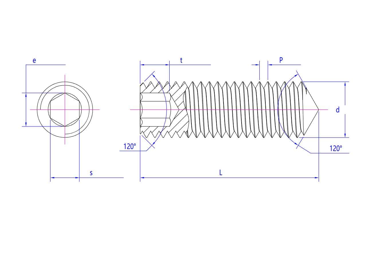 Desen tehnic al șuruburilor de fixare cu vârf conic, cu lungimea, pasul filetului, lățimea și unghiurile etichetate în vederi de sus/laterale.