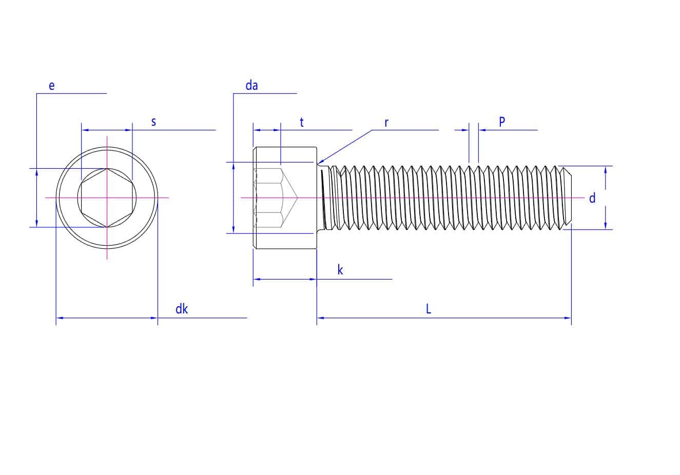 Çap, uzunluk, diş ve baş boyutu etiketli, rondelalı bir Nylock makine vidasının teknik çizimi.