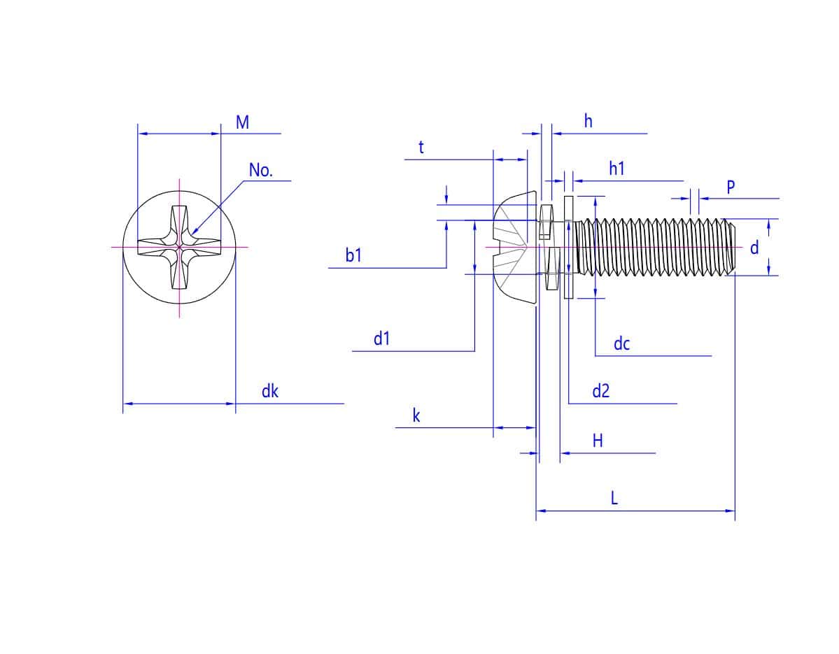 Technický výkres samojistných šroubů s půlkulatou hlavou, pohled shora a z boku, s vyznačenými rozměry.