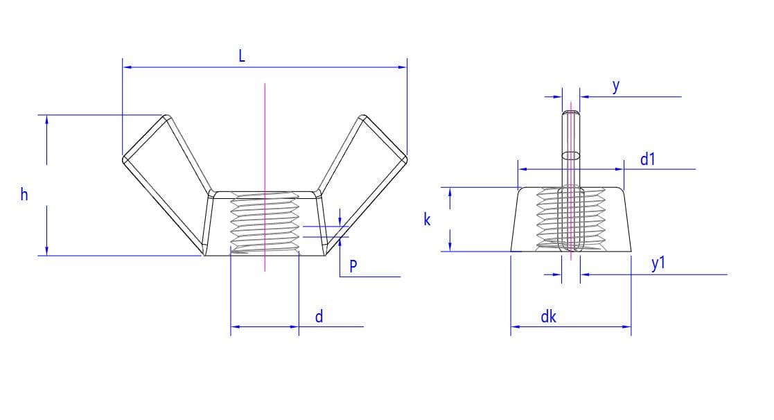 Desen tehnic pentru piulița fluture din oțel inoxidabil DIN315, cu dimensiuni etichetate și vederi frontale/laterale.