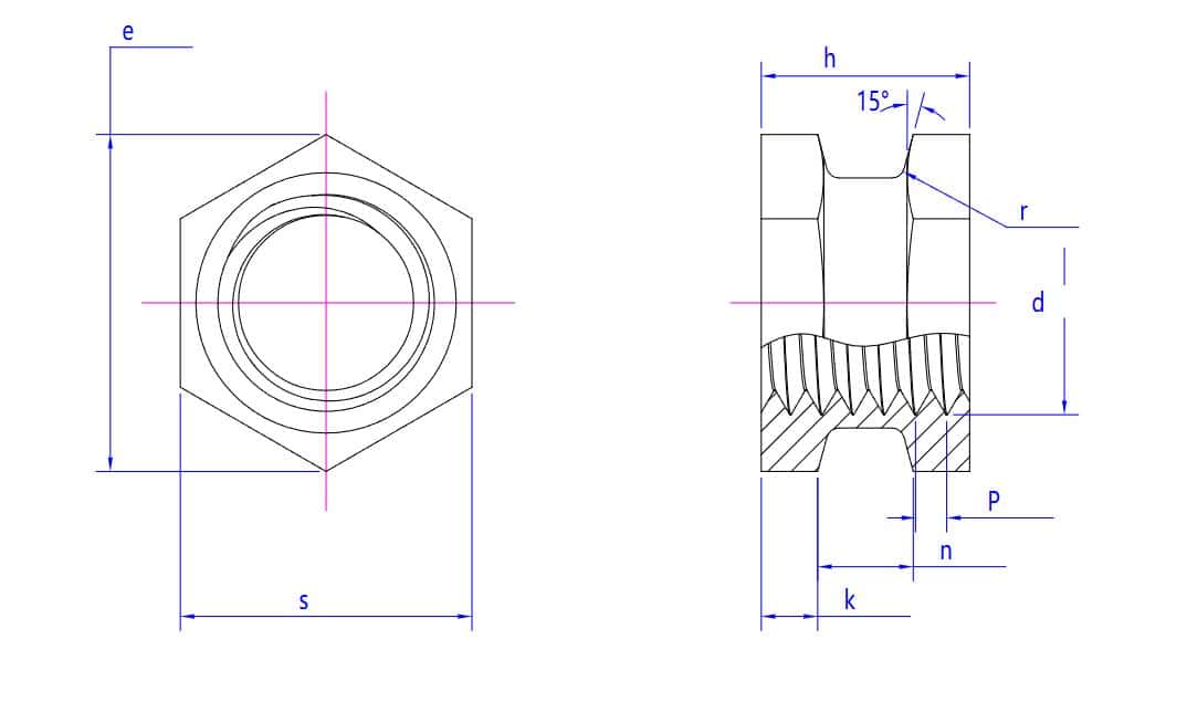 Desenho técnico de porcas de rosca fina não padronizadas com seção lateral, dimensões principais rotuladas e detalhes de projeto em ângulo de 15°.