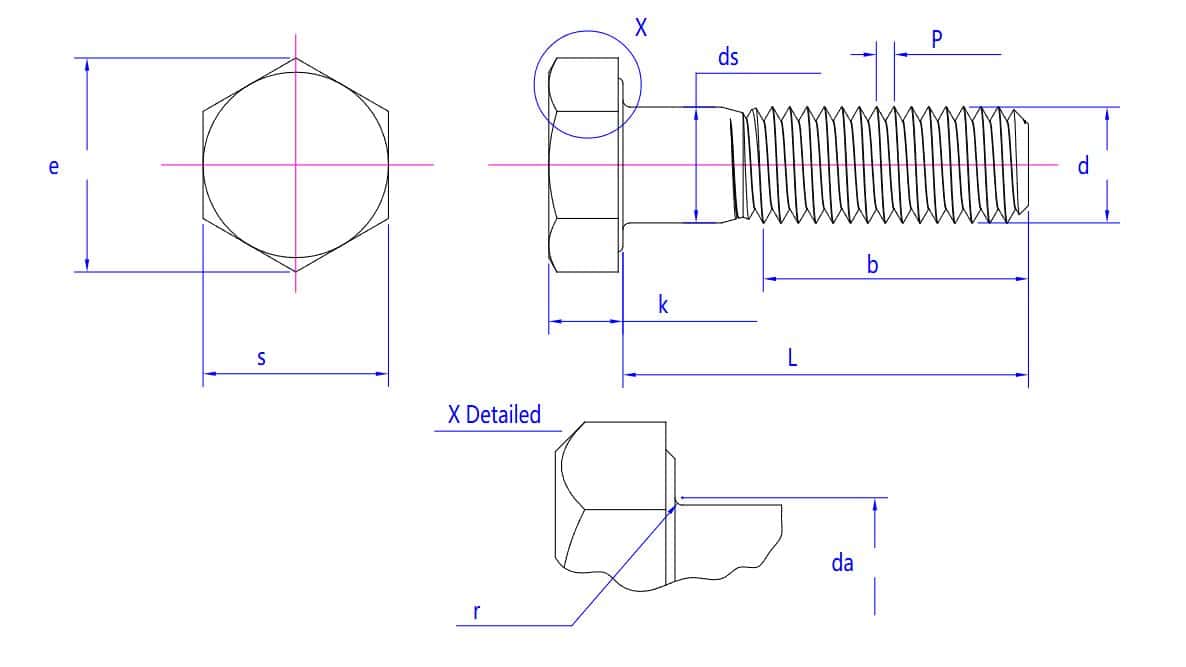 Desenho técnico de porca de flange sextavada M10 com tamanho, rosca, diâmetro, compatibilidade e medidas claras.