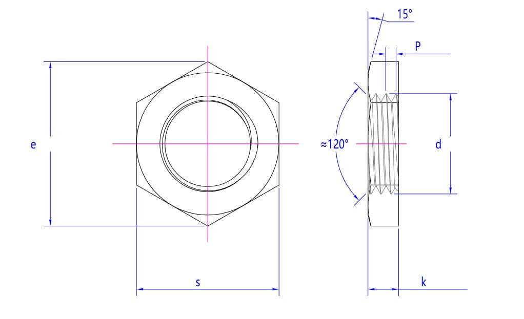Technische Zeichnung des Half-Lock-Sechskantmutterrings, Vorder-/Seitenansicht, mit Abmessungen und Gewindespezifikationen.