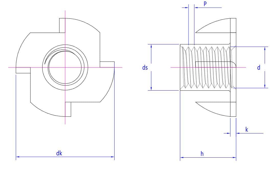 Ahşap için DIN1624 Dört Tırnaklı T Somunu: etiketli üst/yan görünümler, boyutlar (dk, ds, d, P, k, h)—ideal dişli ek parça.