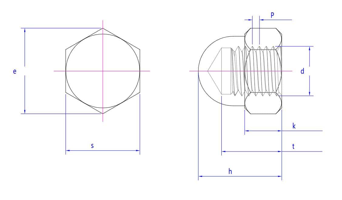 Porca sextavada A2 com tampa abaulada e parafuso sextavado, vistas superior/lateral, diâmetro, altura, passo da rosca e tamanhos das chaves identificados.