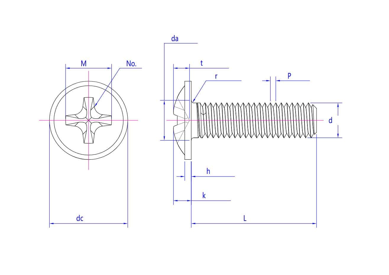 Etiketli ön/yan görünümleri ve anahtar ölçüleri olan Kendinden Kilitli Tava Rondela Başlı Vidanın teknik çizimi.