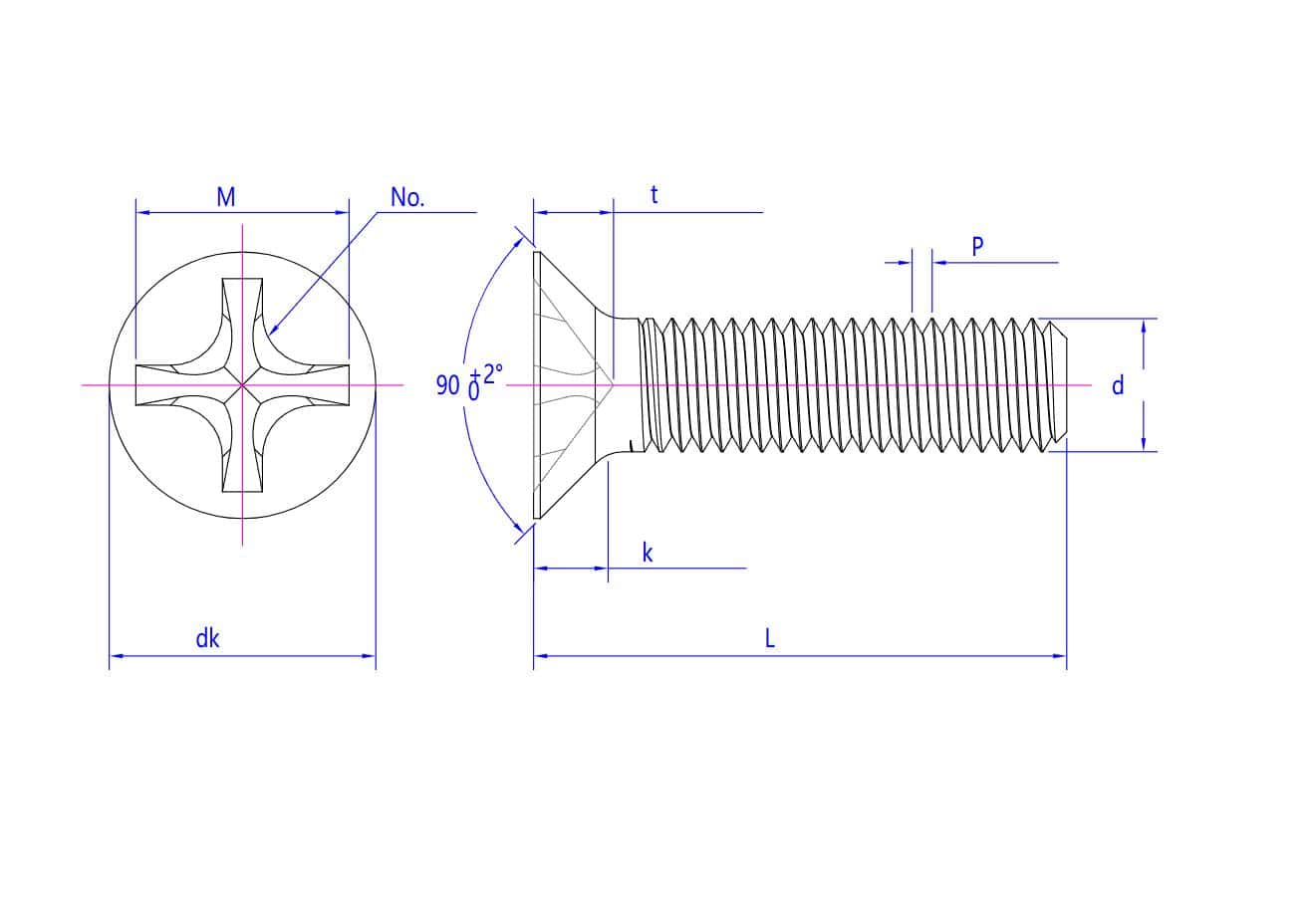 Diagrama de um parafuso Phillips de cabeça chata autotravante com diâmetro, comprimento, passo, altura da cabeça e tipo de acionamento identificados.