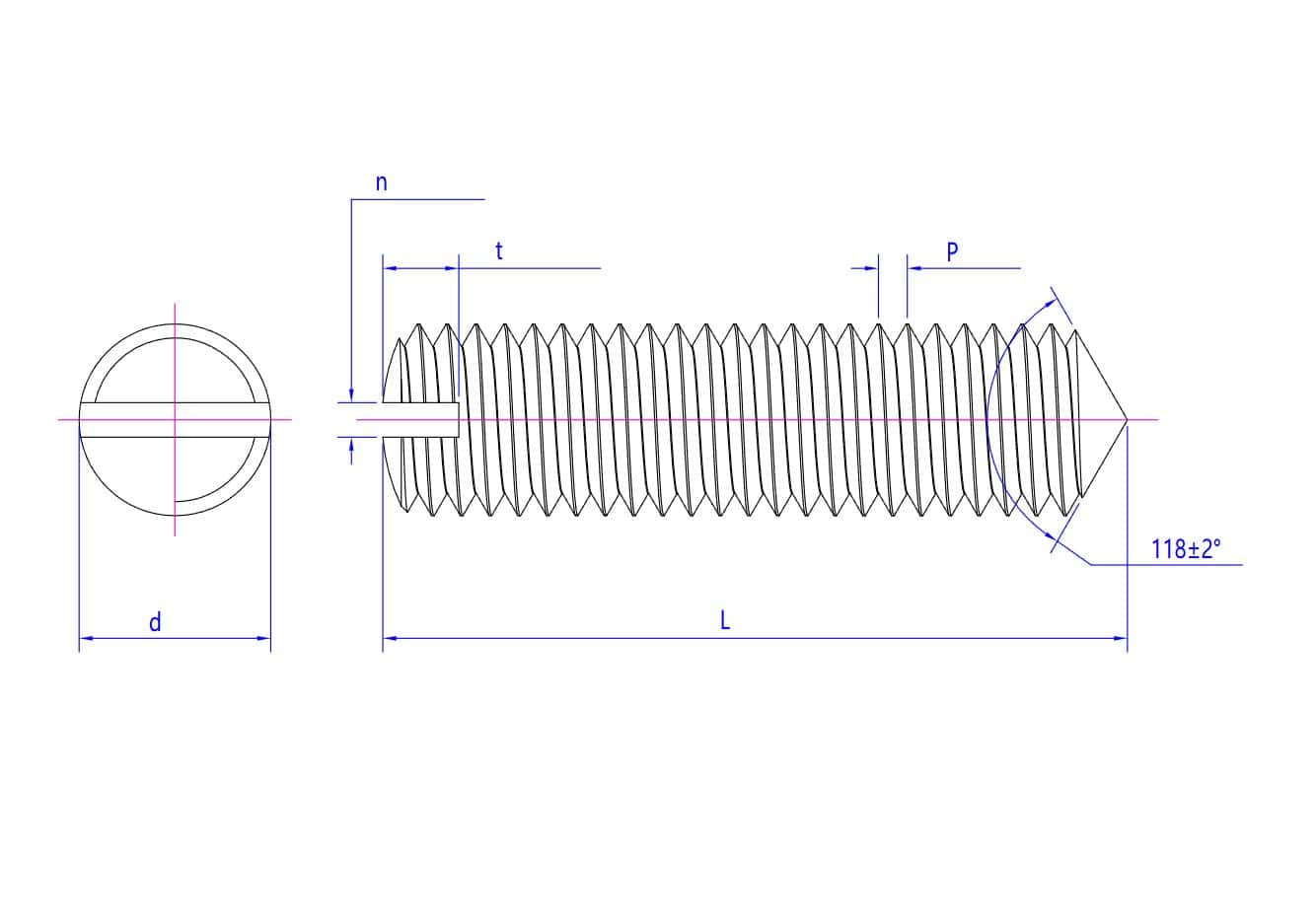 Τεχνικό σχέδιο βίδας ρύθμισης κωνικού άκρου με εγκοπή, με ετικέτες διάμετρος (d), μήκος (L), βήμα (P) και γωνία αιχμής 118±2°.