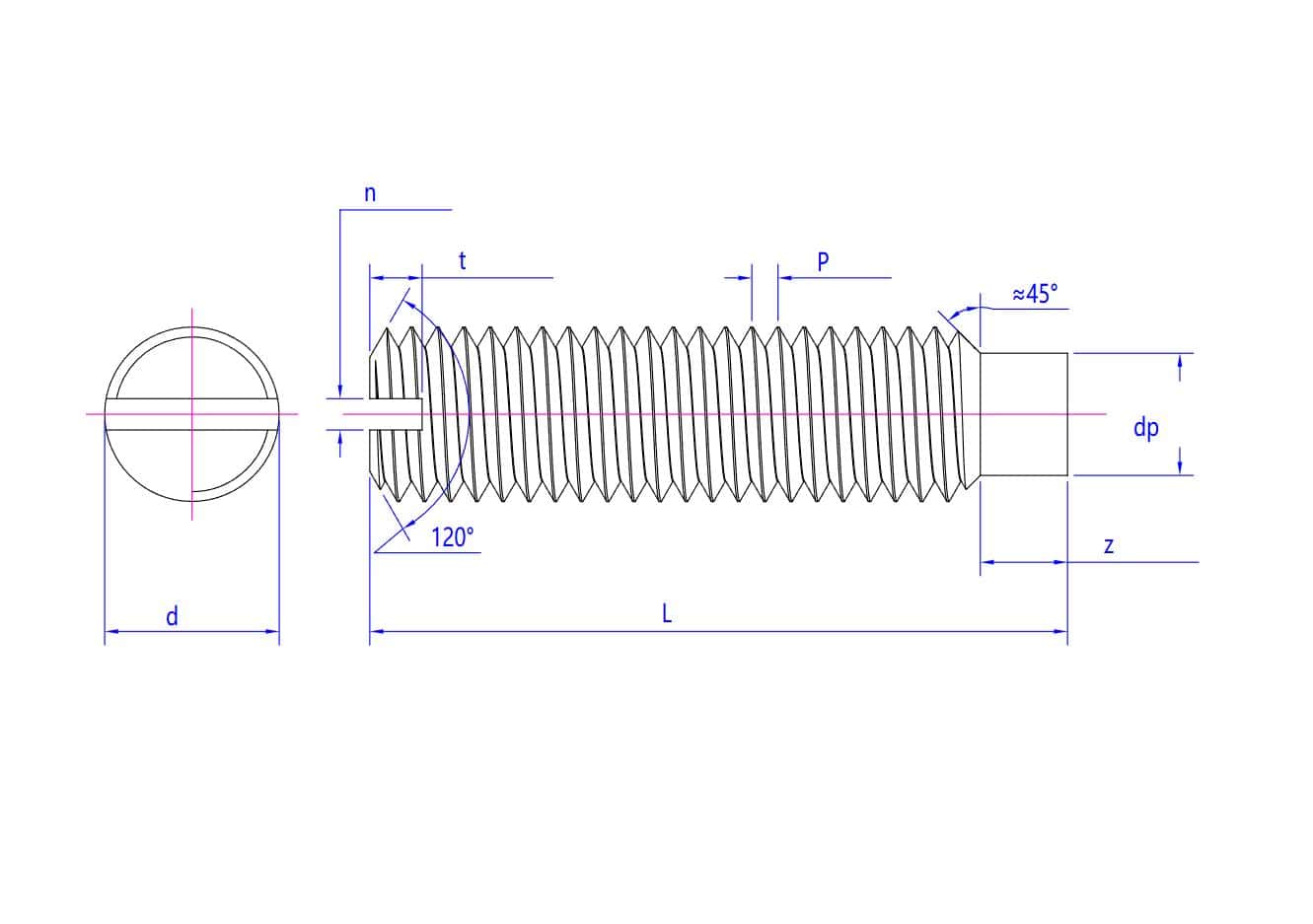 Desen tehnic al șuruburilor de fixare cu crestătură 4-40, cu lungimea, diametrul, pasul filetului și notațiile de unghi/distanță etichetate.