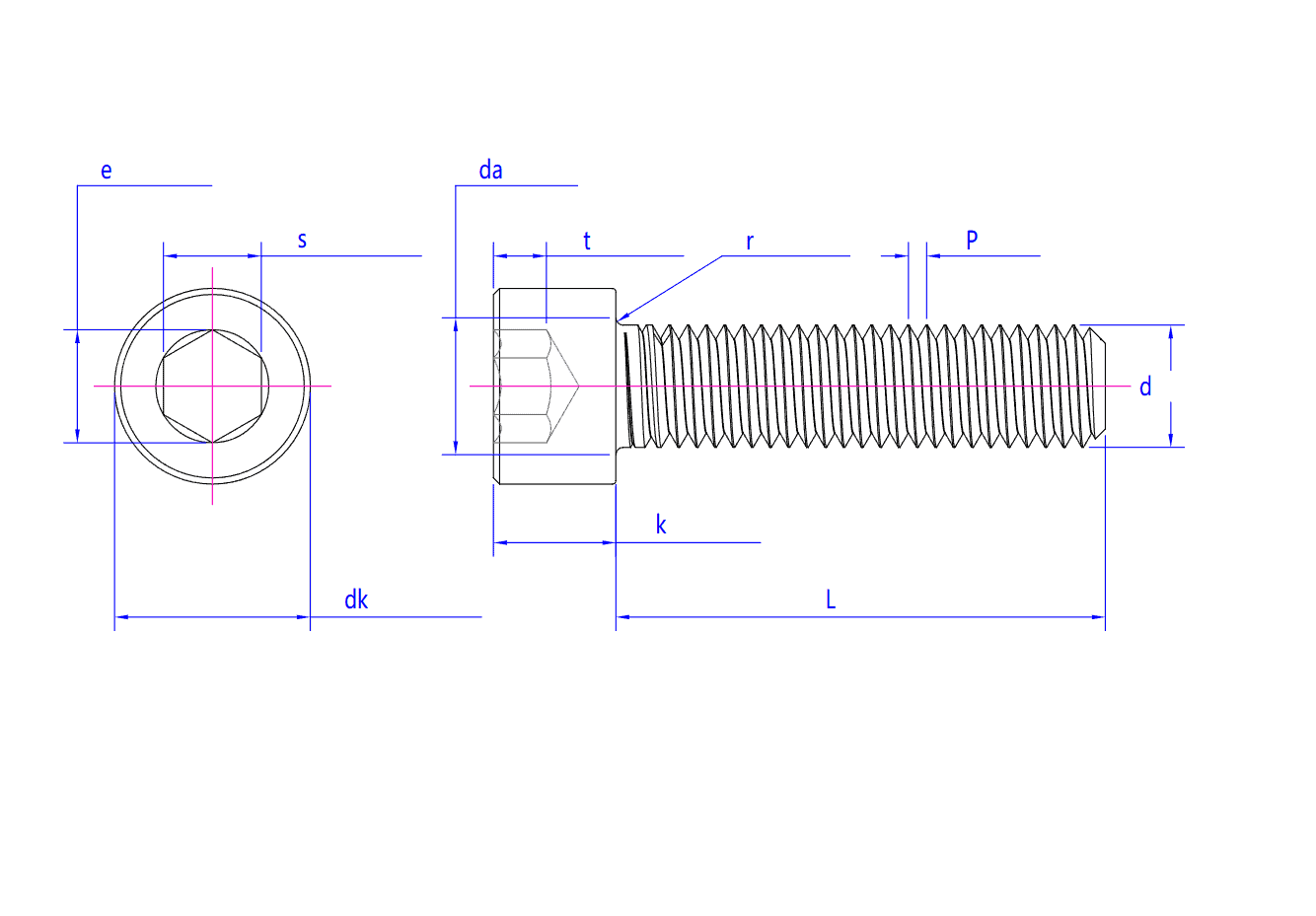 Technical drawing of a Stainless Steel Hex Socket Cap Nylok Screw with labeled head, thread, and length dimensions.