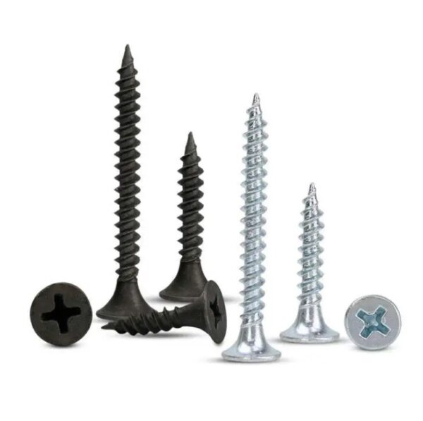 Black phosphating and silver screws stand upright on a white background, displaying their tips or Phillips heads.