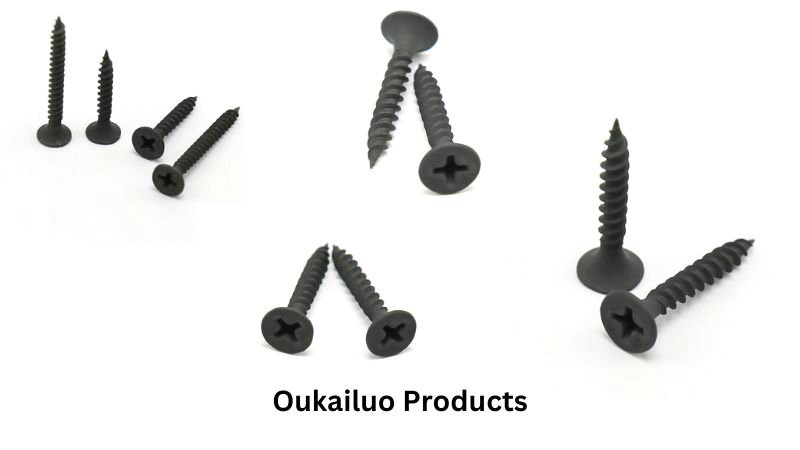 Four black screws of various sizes with fine/coarse threads displayed on white background saying "Oukailuo Products.