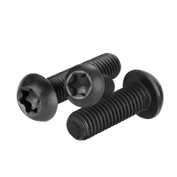 Three black oxide Torx button head screws are shown on a white background.