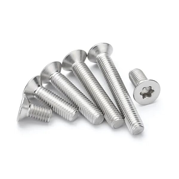 Five stainless steel Torx countersunk screws, each a different length, line up next to a shorter distinct screw.