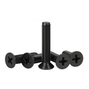 Five black DIN 965 stainless steel bolts with Phillips flat head: one upright, four lying down.