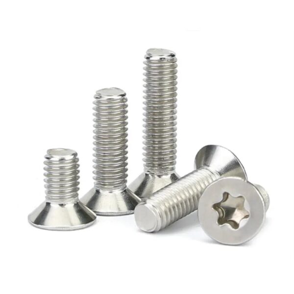 Five stainless steel Torx countersunk head screws of varying lengths are positioned upright and on their sides.