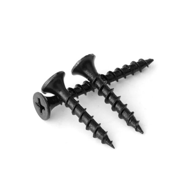 Three black phosphate steel drywall screws with coarse threads on a white background.