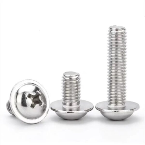 Three stainless steel round pan head screws, two upright, one lying down. They ensure reliable fastening and a sleek finish.