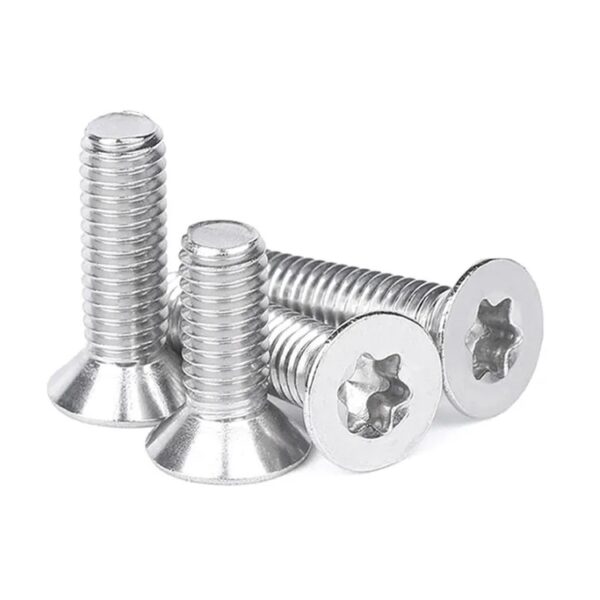 Four Torx countersunk head stainless steel screws placed on a white background.