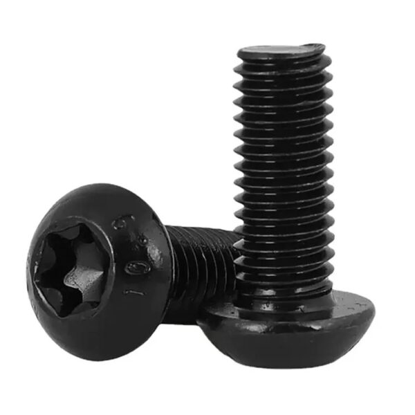 Two black oxide Torx button head screws are side by side, one upright and the other horizontal.