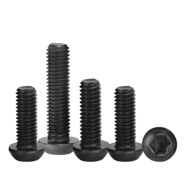 Four black oxide Torx button head screws, with one lying flat showing the star-shaped indentation.