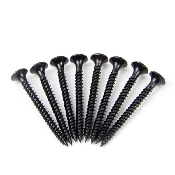 Seven Phillips Bugle Head Black Phosphate Steel Drywall Screws are expertly fanned out on a pristine white backdrop.