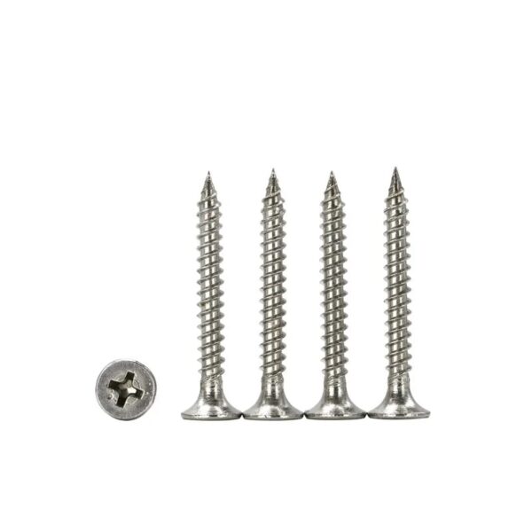 Four silver screws stand upright like sentinels, while a fifth lies on its side, showing its Phillips head for assembly.