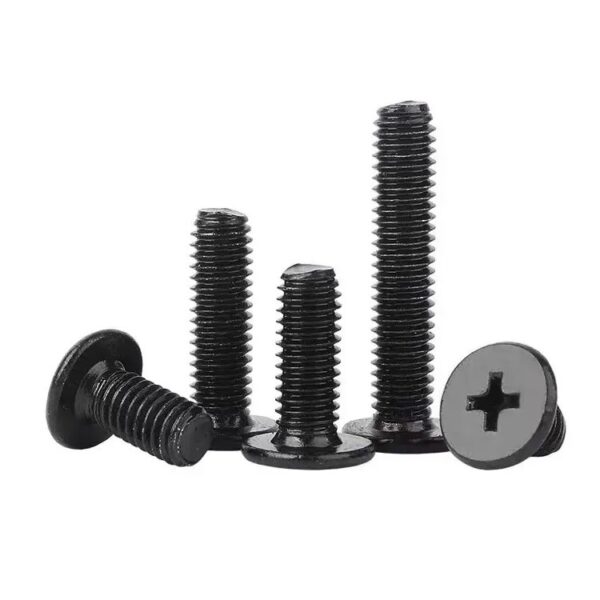 A set of five Black Oxide Stainless Steel A2 ultra-thin flat head screws are shown, some upright and others on their side.